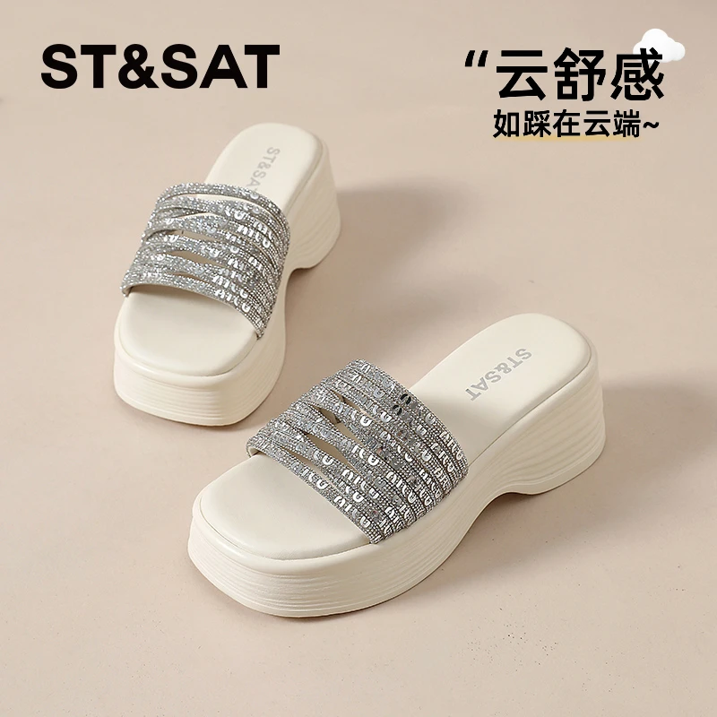 星期六海边度假风坡跟水钻厚底一字拖2025外穿配裙子露趾凉拖女鞋