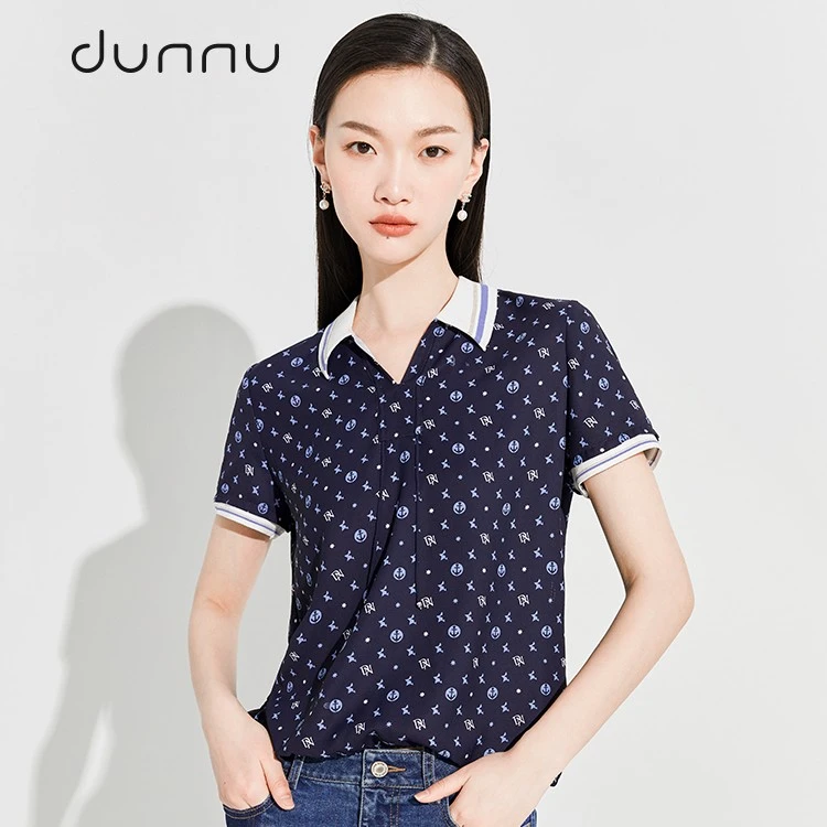 dunnu敦奴夏季新款短袖POLO领休闲宽松印花T恤女时尚女