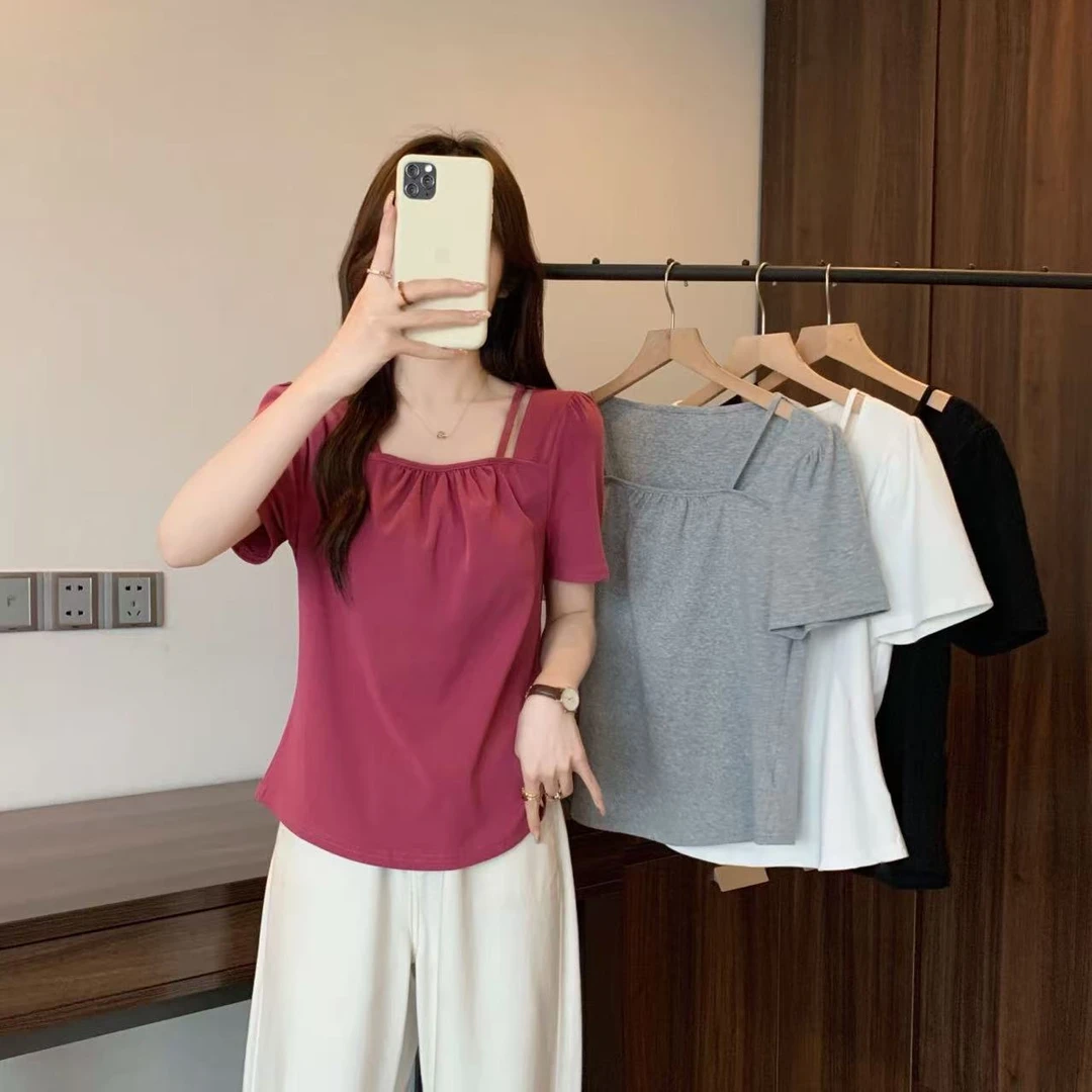 正肩方领褶皱短袖T恤上衣2025夏装新款大码胖mm时尚百搭显瘦洋气