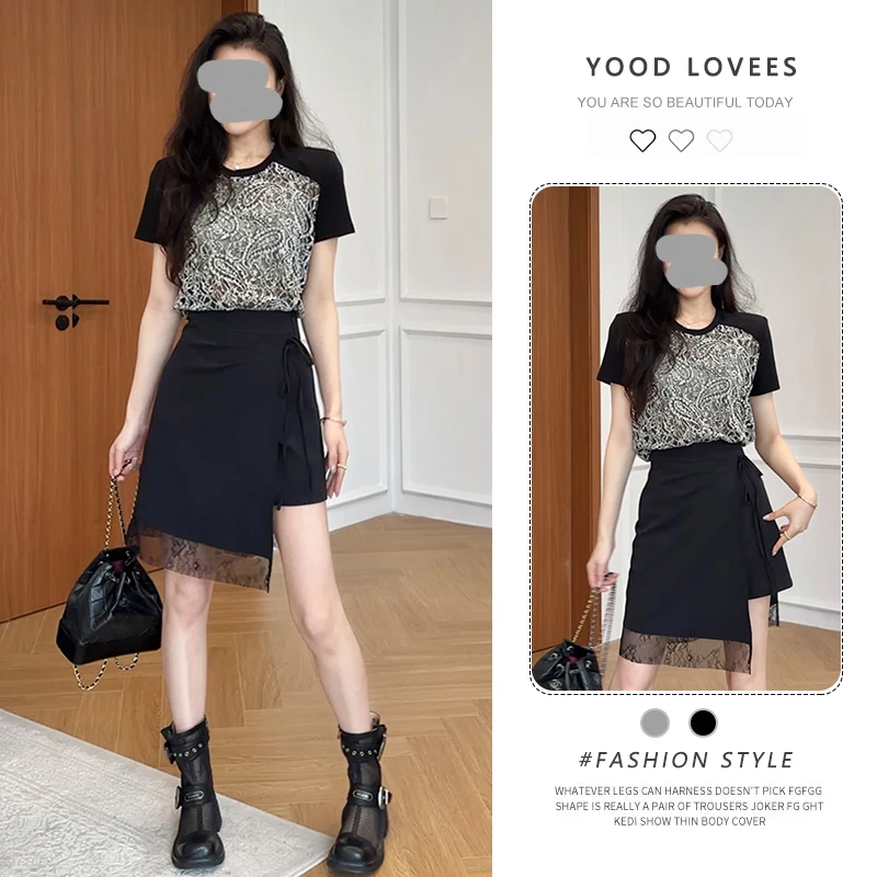 一整套ootd穿搭套装女2025新款复古钩花撞色T恤+蕾丝短裙裤两件套