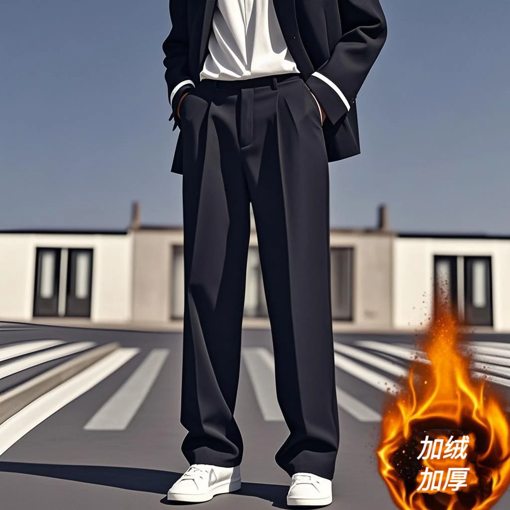 秋冬韩版男装休闲西装裤子加绒垂坠百搭阔腿长裤显廋直筒男士西裤