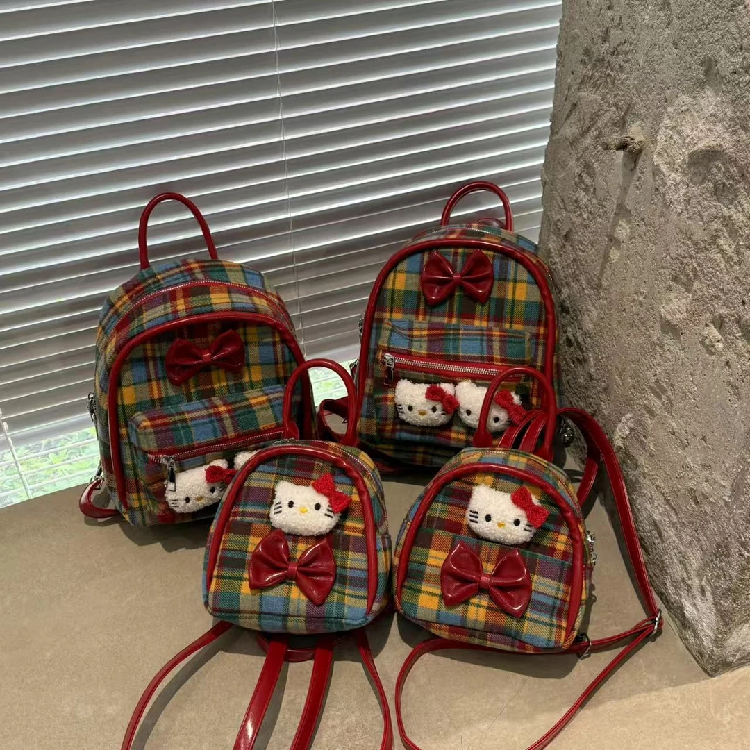可爱彩色格纹HelloKitty猫双肩包包女2025新款小众帆布书包