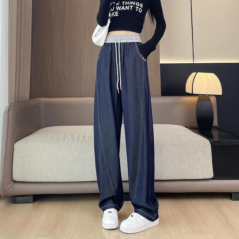 春夏季薄款软牛仔阔腿裤女初中高中学生宽松休闲小个子高腰直筒裤