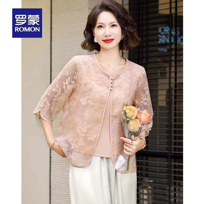 母亲节洋气衣服2025新款短袖上衣气质高贵小衫中老年女时尚两件套