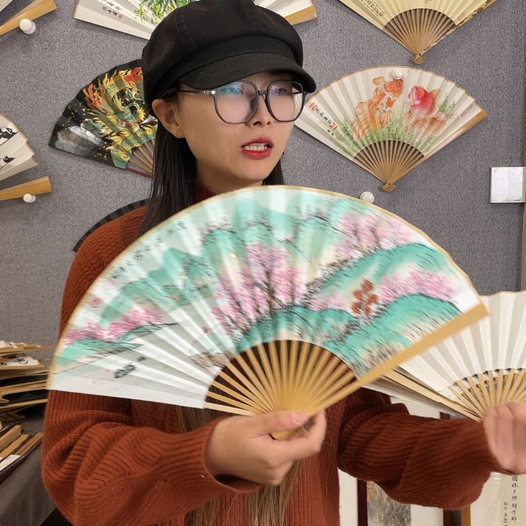 国画8寸玉竹-纯手绘-文玩扇骨（默认粘好）