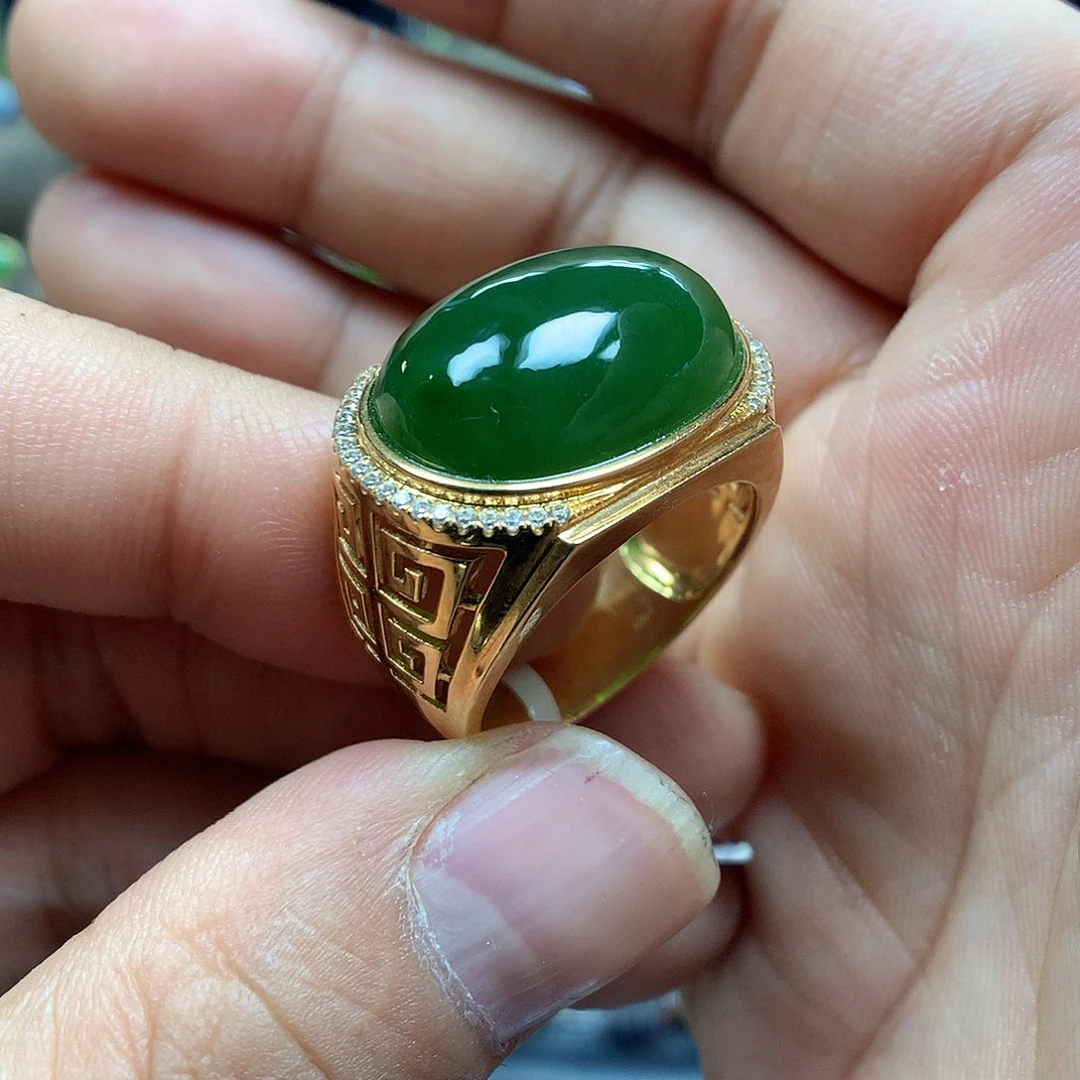 和田玉（碧玉）戒指18K金镶嵌16×21