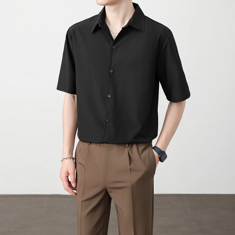 冰丝短袖衬衫男夏季轻薄款透气黑色衣服宽松休闲百搭半袖白衬衣男