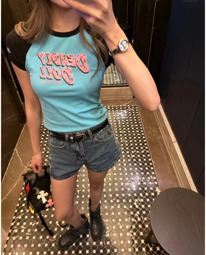 SANSIS 水蓝拼接 爱心美式 印花基础短袖