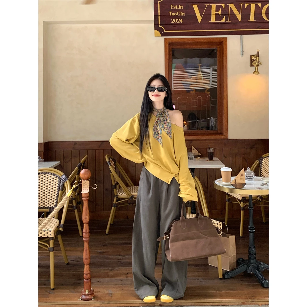 慵懒风设计感露肩一字领卫衣套装女时尚百搭高级气质休闲裤两件套