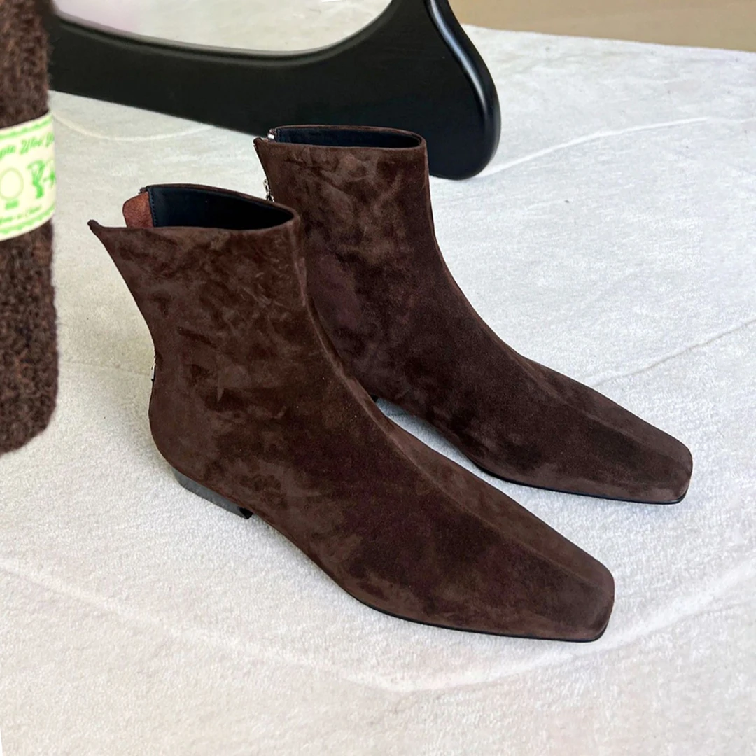 2025新款棕色方头粗跟短靴女绒面美拉德咖色瘦瘦靴马丁靴法式踝靴
