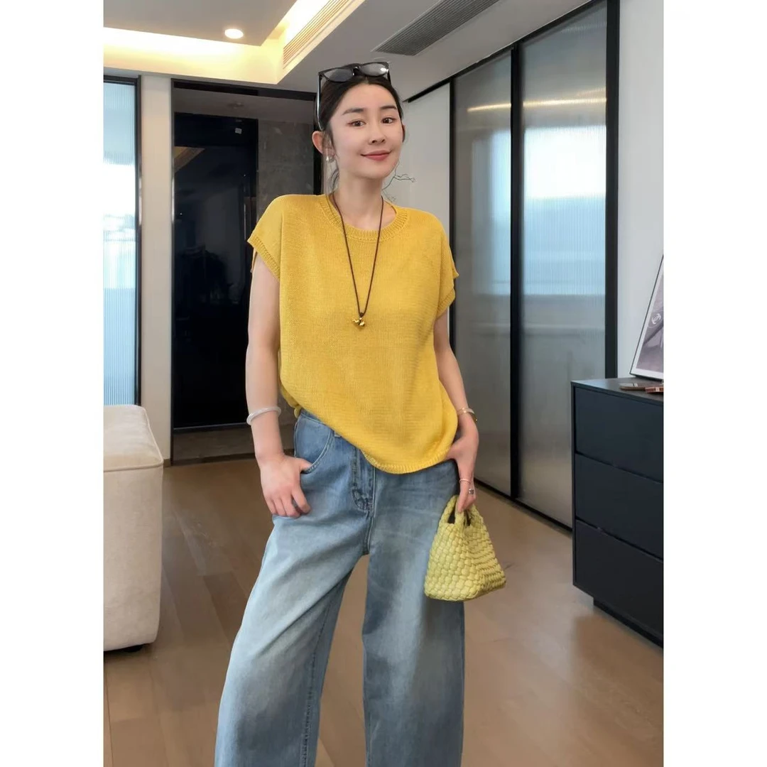 玖了个玖 2025夏款 极简百搭三色飞飞袖和纸纱圆领上衣 2504C2268