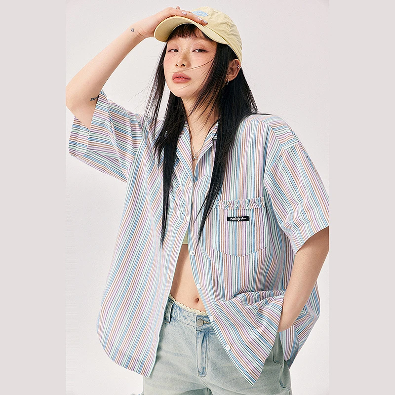 CHUU夏季女装条纹撞色元素木耳边设计别致个性穿搭慵懒风衬衫