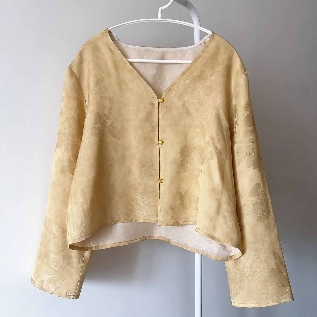 真丝上衣女夏季桑蚕丝织金花罗正绢小茶服V领长袖防晒开衫外套