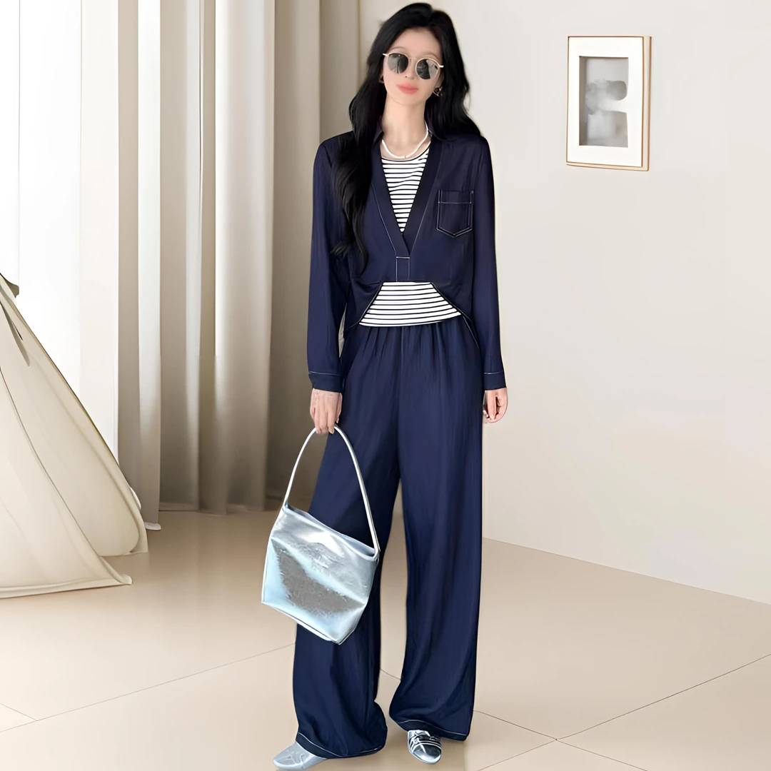 时尚牛仔套装女2025秋季新款洋气宽松显瘦衬衣背心阔腿裤三件套潮