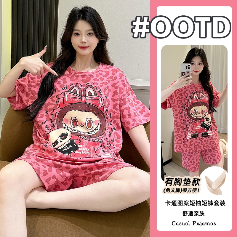 【100%棉短袖短裤带胸垫】2025新款夏季睡衣女卡通网红家居服套装
