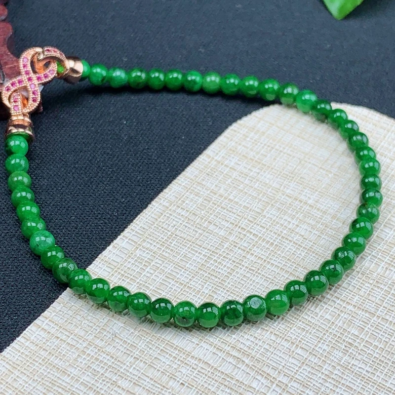 单珠约3.4mm缅甸纯天然翡翠A货老坑料飘花绿色冰种手链精美送礼