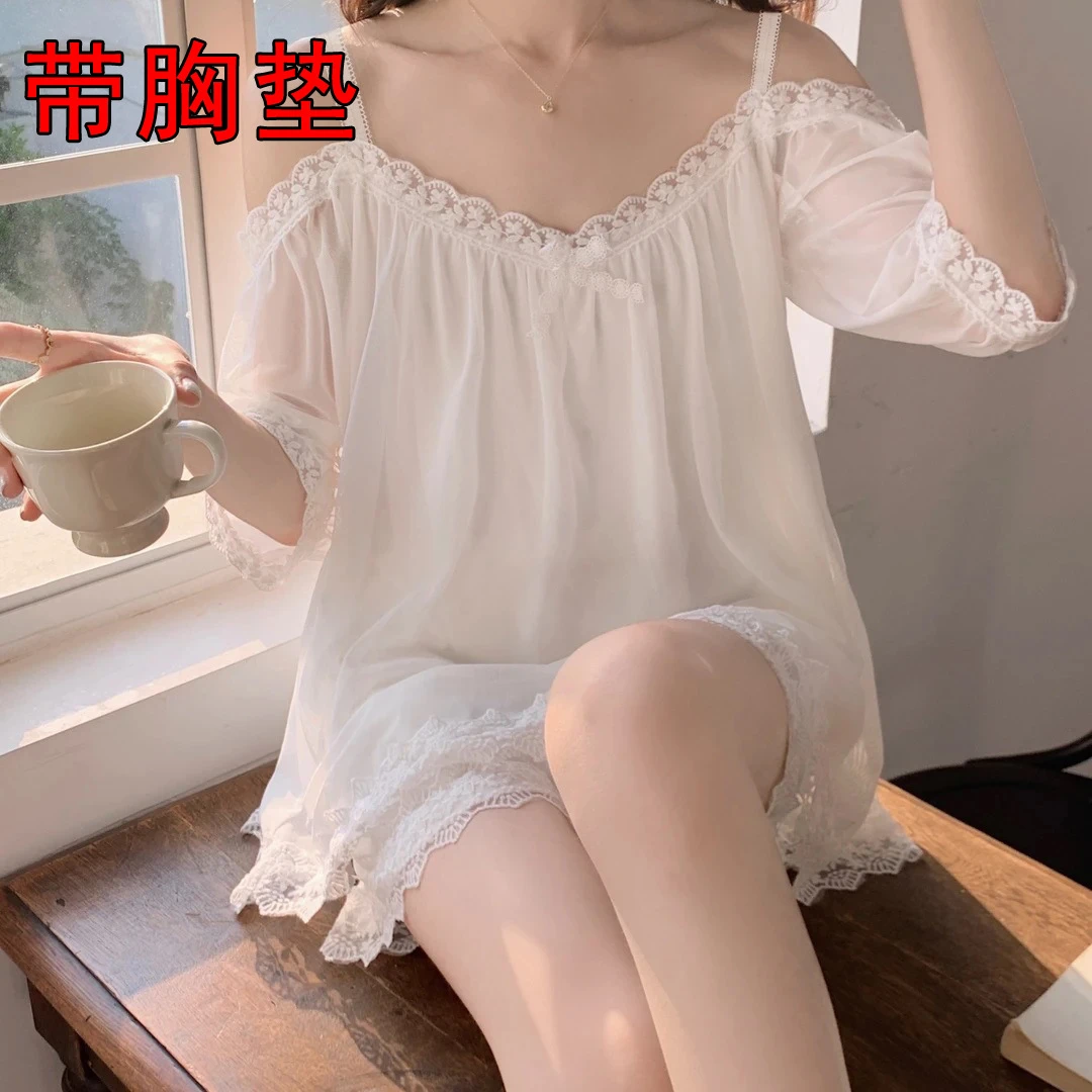 一字肩网纱睡衣套装胸垫家居服薄款女士公主风春夏宫廷风睡衣外穿