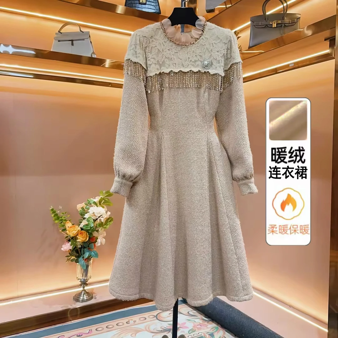 加绒加厚【梦莎蜜语】轻奢设计师款气质修身时尚收腰连衣裙-88395