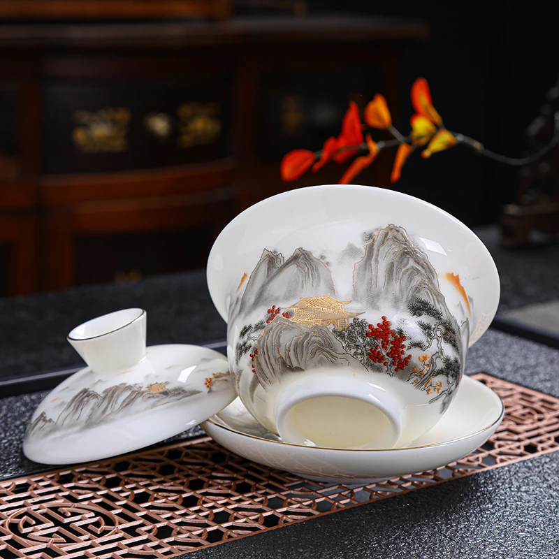 羊脂玉白瓷盖碗茶具锦绣河山三才盖碗轻奢高档家用中式泡茶瓷盖碗