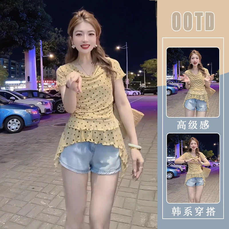 法式波点荡领短袖t恤女2025夏褶皱收腰显瘦花边上衣牛仔短裤套装