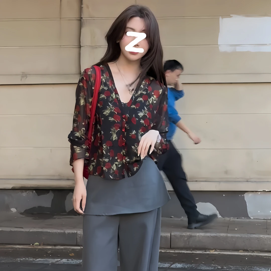 法式轻奢高级感穿搭套装女夏季新款玫瑰花衬衫开衫＋两件套西装裤