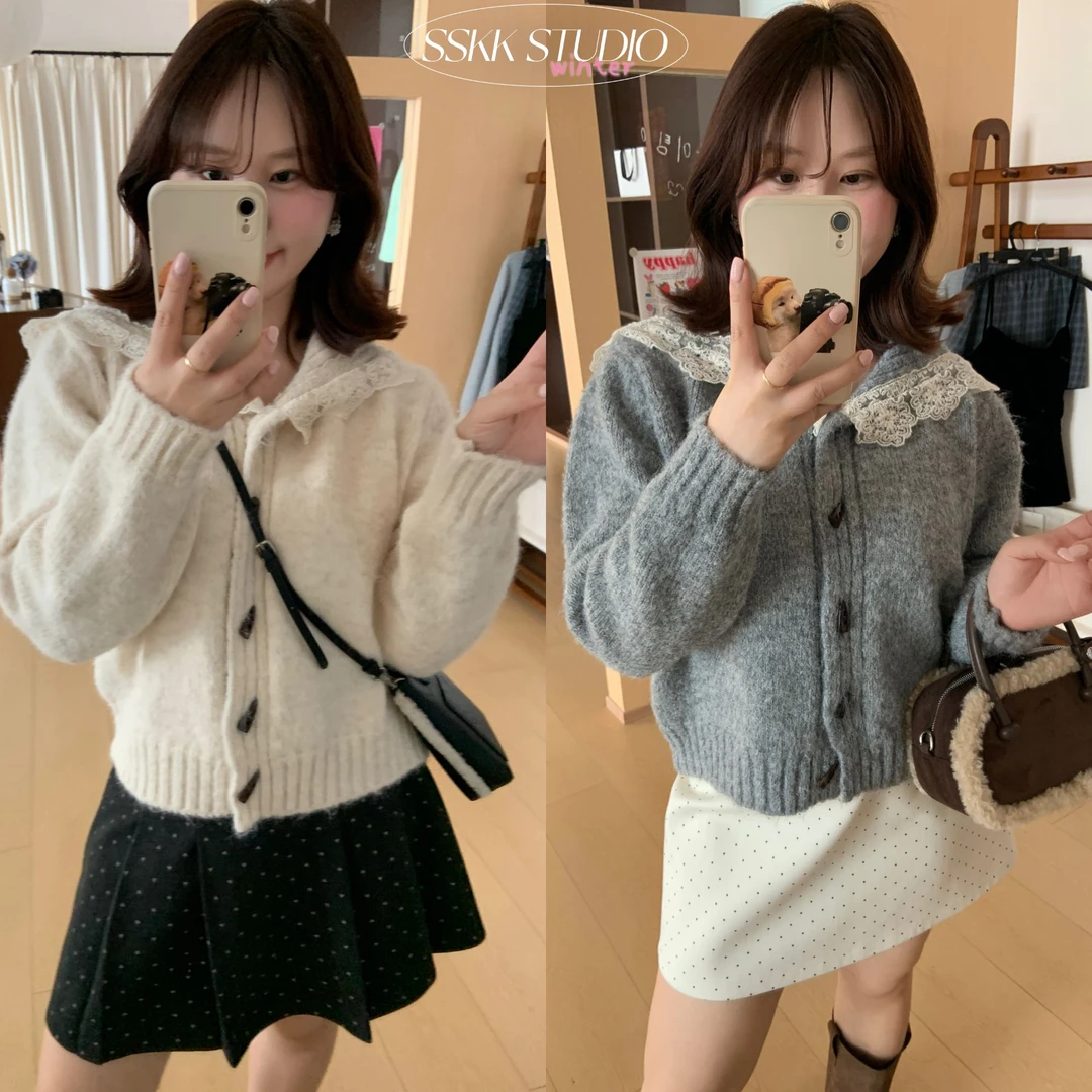 KMZY/KMZY山_山【弥漫温柔】微胖韩系设计蕾丝拼接海军领牛角扣毛衣