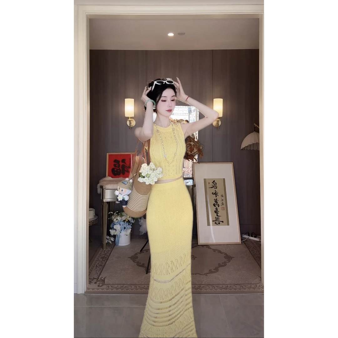【雅乔定制】可-露丽黄色镂空针织套装洋气时尚两件套DYZY-25037559