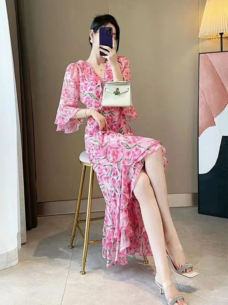 欧洲站2025夏款领钉钻印花轻奢女人味下摆荷叶边双层连衣裙女