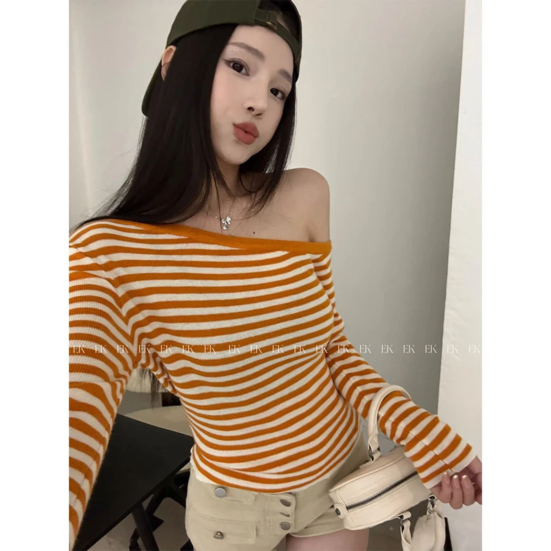 EK露肩条纹针织衫女2025年早春新款修身显瘦长袖打底衫上衣女Y010