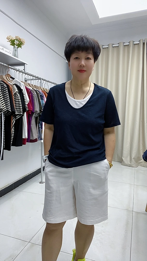 夏季大码凉爽轻薄圆领假两件T恤34355