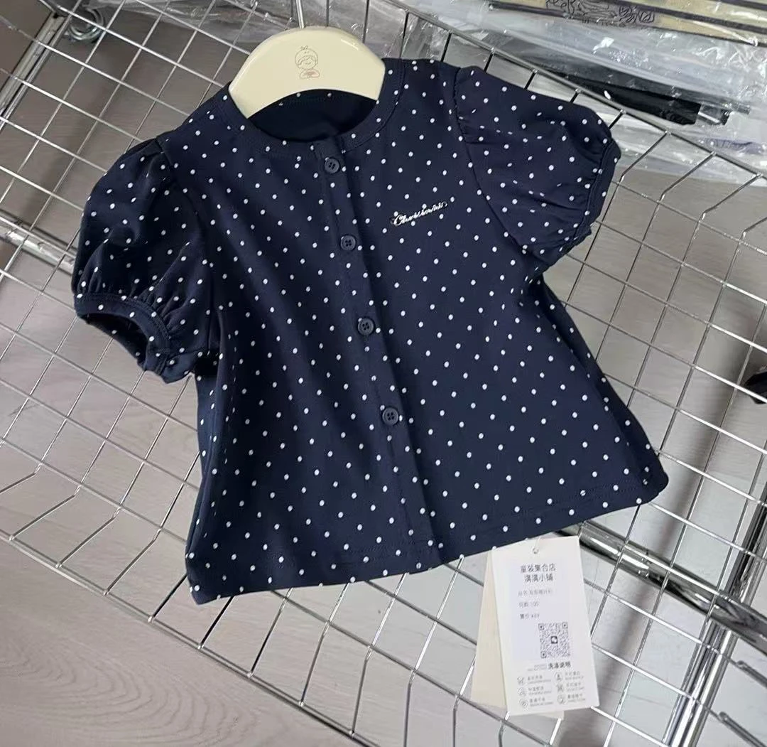 夏季短袖女圆点泡泡袖正常版T恤泡泡袖蓝色衬衣小童童装洋气
