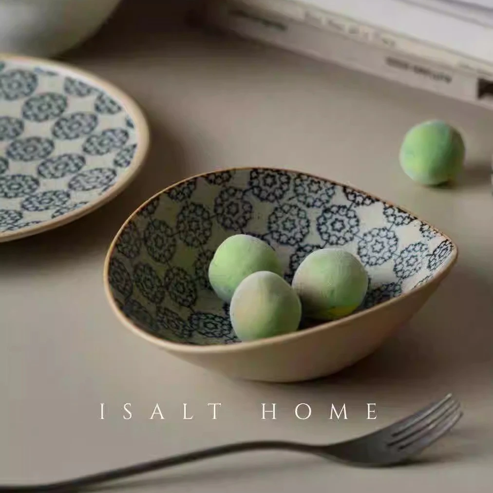 手作海浪碗.粗陶青花手绘早餐家用甜品碗浅口陶瓷餐具盘/出丹麦