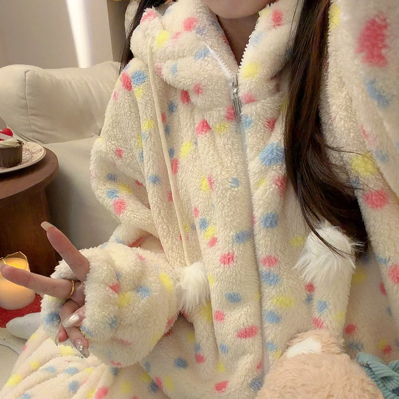 连帽彩色波点可爱睡衣女秋冬季珊瑚绒长袖长裤韩版加厚家居服套装