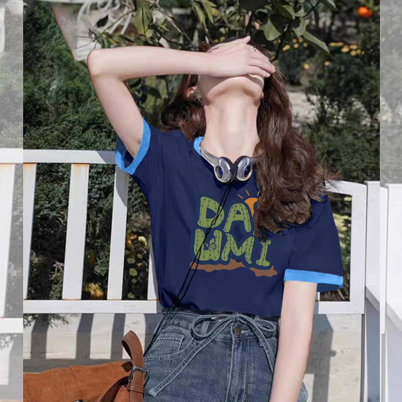 夏季热卖款正肩圆领拼色优质棉短袖t恤女小众设计感时尚洋气百搭