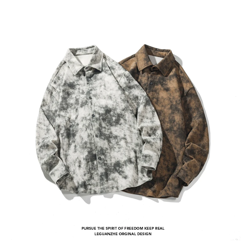 春秋季新款港风大码灯芯绒衬衣外套男白底宽松潮牌长袖休闲衬衫