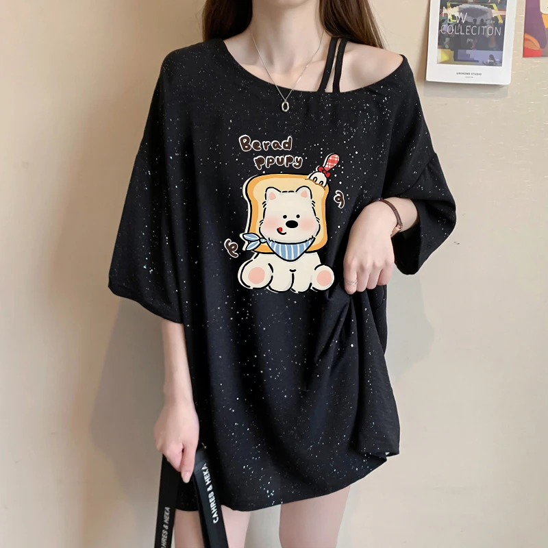 满天星大码短袖T恤女夏季爆款宽松斜领设计卡通印花百搭上衣ins潮