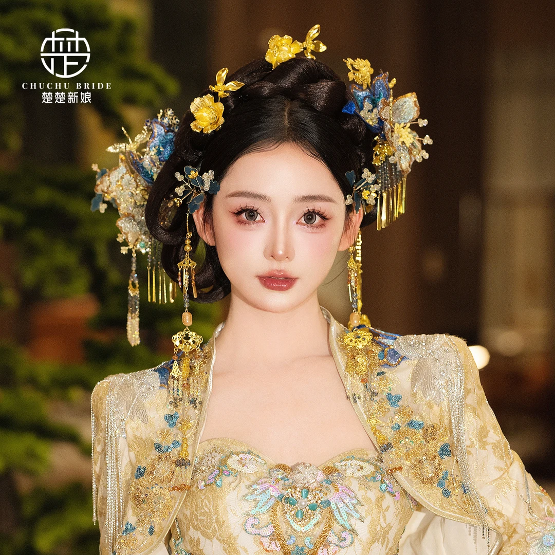 新款国风晨袍秀禾服发饰配饰品中式头饰蓝色布花流苏发簪头饰饰品