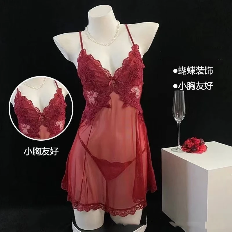 月夜性感深V网纱纯欲透视刺绣蝴蝶结美背蕾丝交叉带露背胸垫睡裙