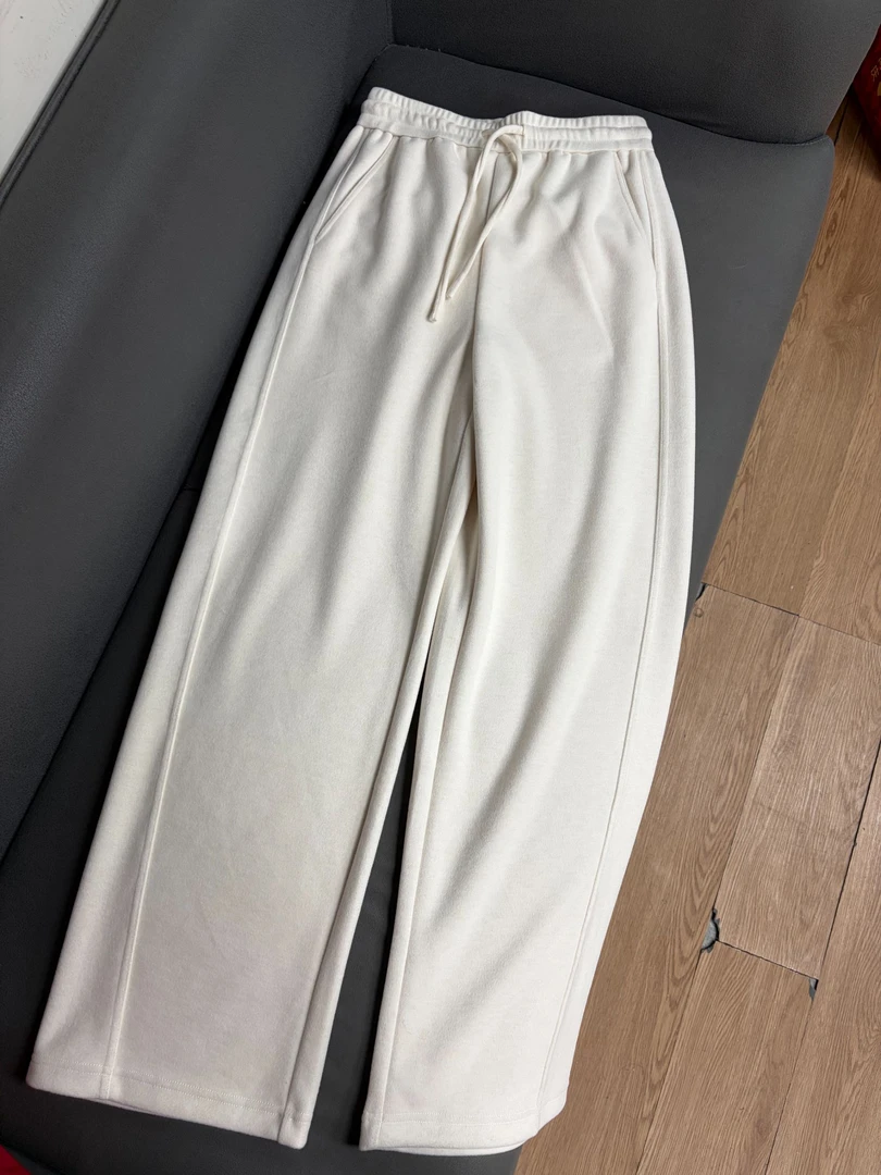 两色抽绳弹力秋冬绒感收腰直筒宽松休闲裤