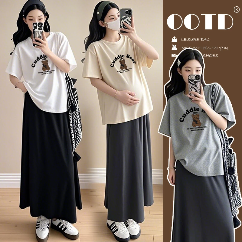 孕妇半身裙中长款显瘦外穿时尚套装短袖上衣+裙子夏季薄款两件套