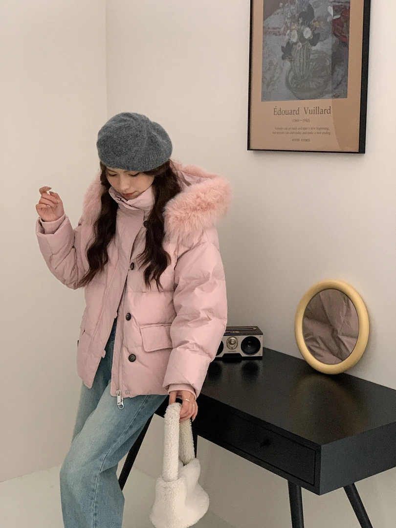 小米女装#9233 新款小个子短款狐狸大毛领羽绒服时尚连帽加厚外套