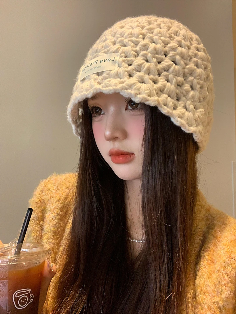 日系镂空针织包头帽女2025新款百搭大头围显脸小宽松针织套头帽子