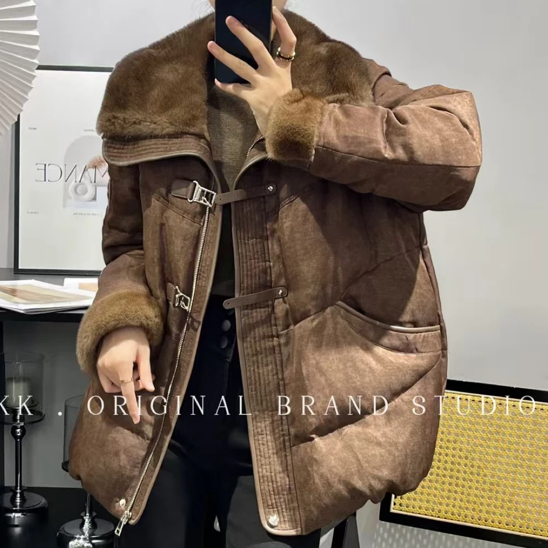 Kin.轻奢服饰新款欧货水貂毛领白鹅绒冬季中长款羽绒服