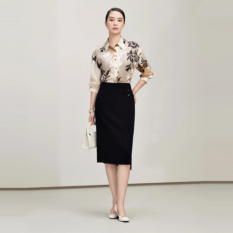 赢智尚醋酸显瘦职场通勤百搭黑色直筒包臀裙女2025春新款ZW01018