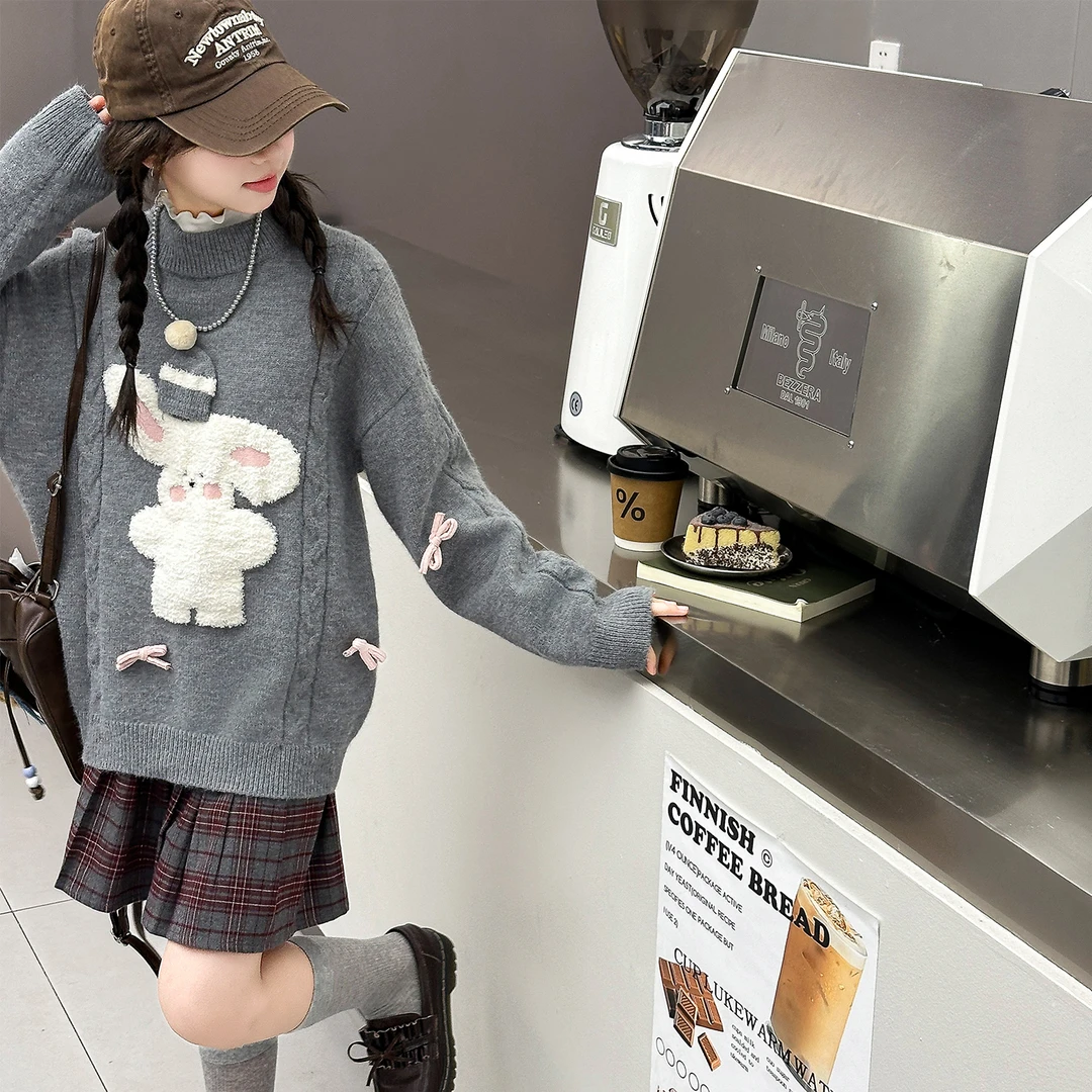 女童可爱兔子毛衣韩版休闲2025新款甜美少女秋冬季套头针织衫上衣