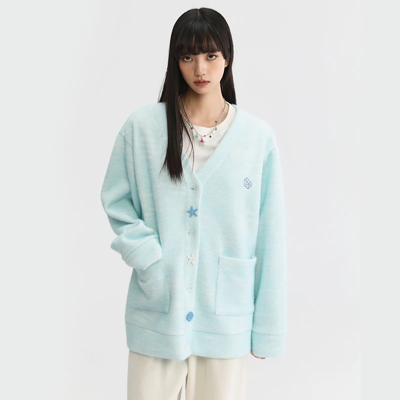 King Prince新款渐变云朵毛绒开衫女潮牌宽松休闲V领针织衫