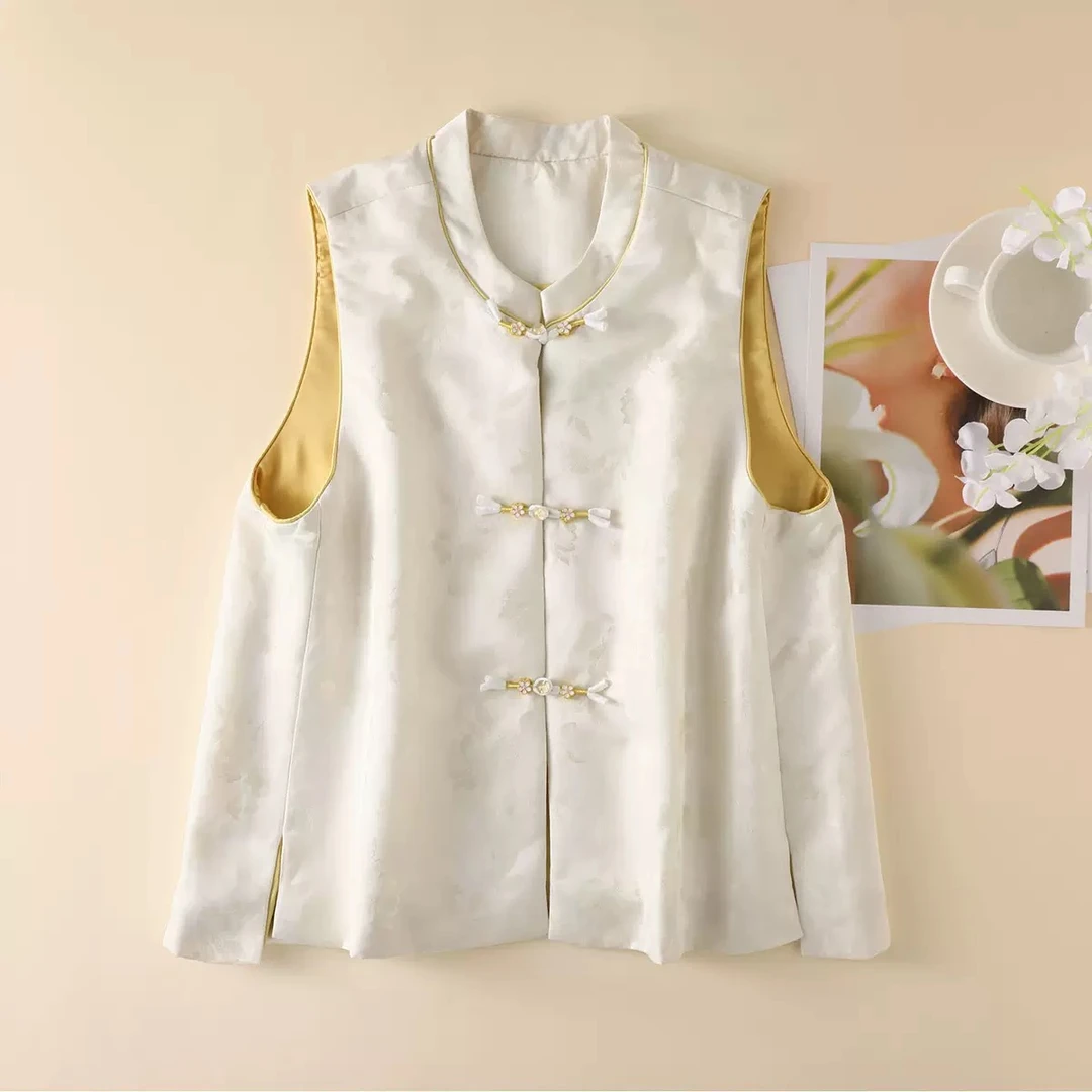 【蚕的故事】填充桑蚕丝印染女立领提花修身型马夹马甲印花新中式风