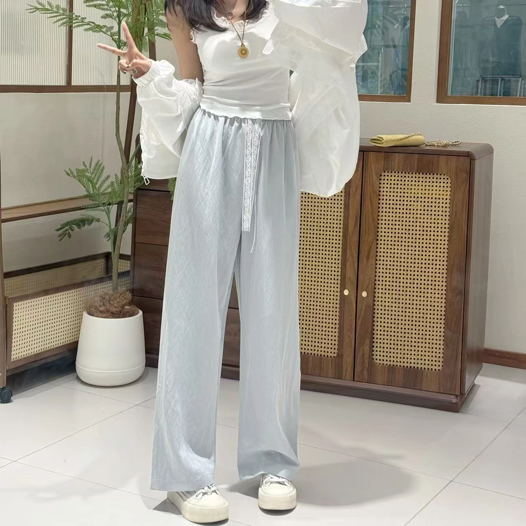 【三懿服饰】夏季温柔风设计感蕾丝飘带休闲百搭显瘦拖地裤-63001