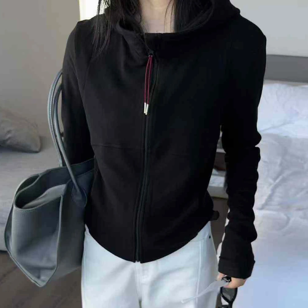 黑色简约通勤帽衫秋款外套纯色拉链连帽