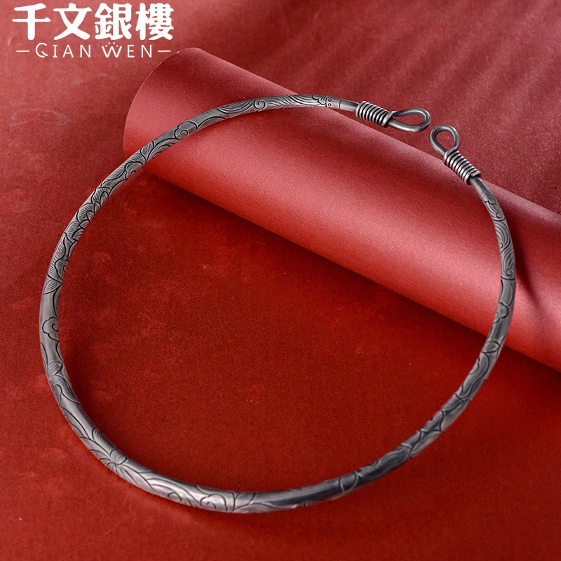 链子足银 纯手工  古风牡丹实心项圈  简约百搭气质个性项饰